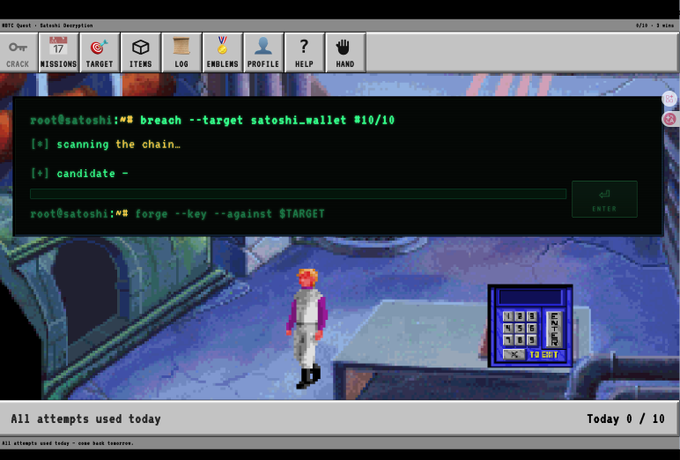 A screenshot of a Bitcoin Quest hacking mini-game shows a terminal with the command "breach --target satoshi_wallet #10/10" and "All attempts used today" displayed at the bottom, humorously reflecting the post's mention of "grinding MemeBitcoin" by parodying the cryptocurrency theme rather than depicting actual project or funding details about Gemhead Capital, Archer Capital, M2M Capital, or Mayer Venture.