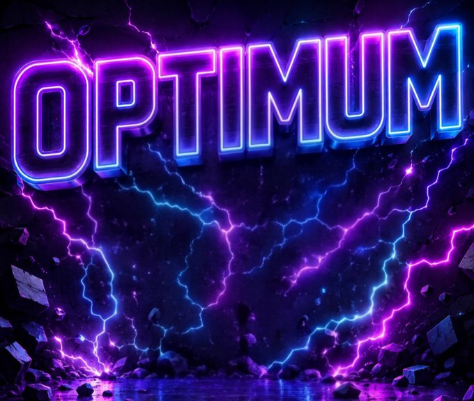 A vibrant neon-style graphic displaying the word 'OPTIMUM' in glowing blue and purple letters against a dark background with lightning effects.