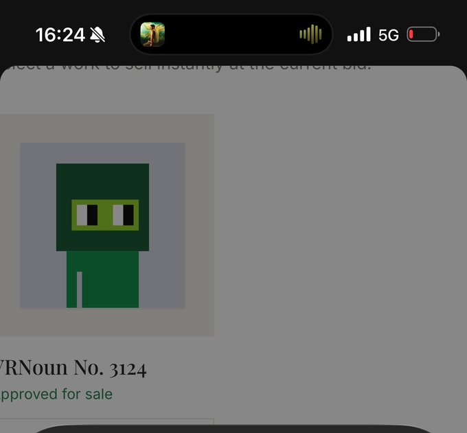 The image shows a digital NFT listing page displaying a green pixelated character on a gray background, with partial text reading "VRNoun No. 3124" and "pproved for sale," likely being shared as proof of a received NFT. This relates to the post, where the sender claims to have purchased this NFT as a gift, alongside a dollar and an Ethereum earnings opportunity—common tactics in crypto scam solicitations.