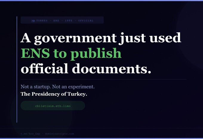 The image shows a website with a dark blue background, featuring a title that reads "A government just used ENS to publish official documents." The text also includes an ironic detail about the Presidency of Turkey's role in this process. The image is accompanied by a caption that provides additional information about the post and its context.