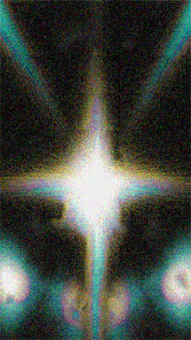 A grainy, lo-fi photograph capturing a bright star-shaped light flare with chromatic aberration against a dark background, creating an ethereal aesthetic.