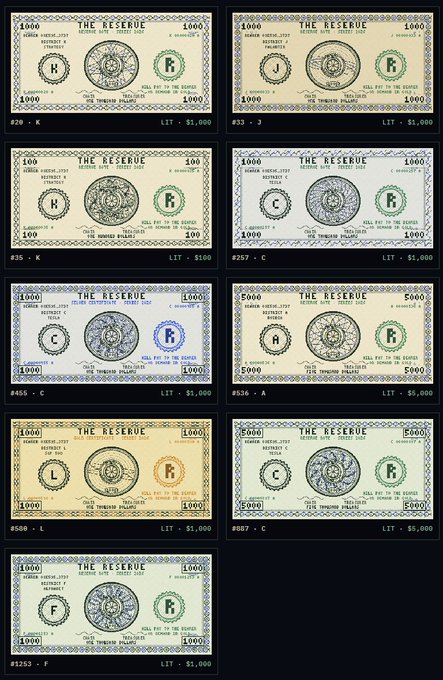 A collection of nine blank, printable 'THE RESERVE' notes in various denominations and currencies (e.g., $100, 1000, 5000) intended as props for games.