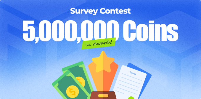 Promotional graphic for a 'Survey Contest' offering '5,000,000 Coins in rewards!' featuring illustrations of cash, a trophy, and a survey card.