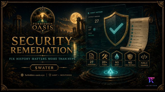 A 'Forbidden Oasis' themed graphic titled 'SECURITY REMEDIATION - WATER,' displaying audit details: 27 versions, latest v27, 20+ fixes, no mint, no self-contract, public source, under Kryptohm branding.