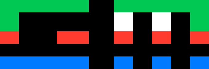 A pixel art illustration in green, black, red, white, and blue colors that appears to spell out a name or word.