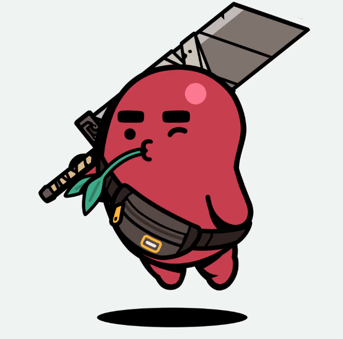 A cartoon illustration of a small red character dressed as a ninja, carrying a large sword on its back and a green leaf in its mouth, with a small pouch on its waist.