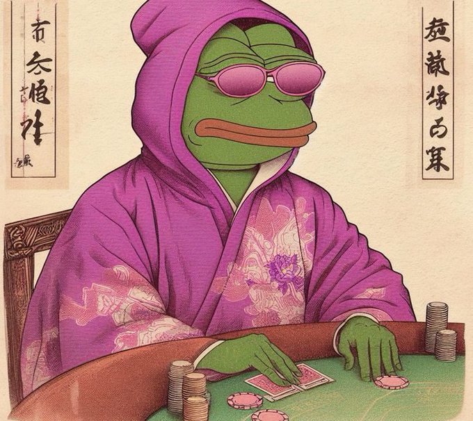 A green Pepe the Frog wearing pink sunglasses and a purple floral robe confidently pushes all-in on a casino table with stacked poker chips. The artwork is styled like a traditional Chinese painting with Japanese-style kanji text panels on either side, reinforcing the bold "All in LNRA" gamble implied in the caption.
