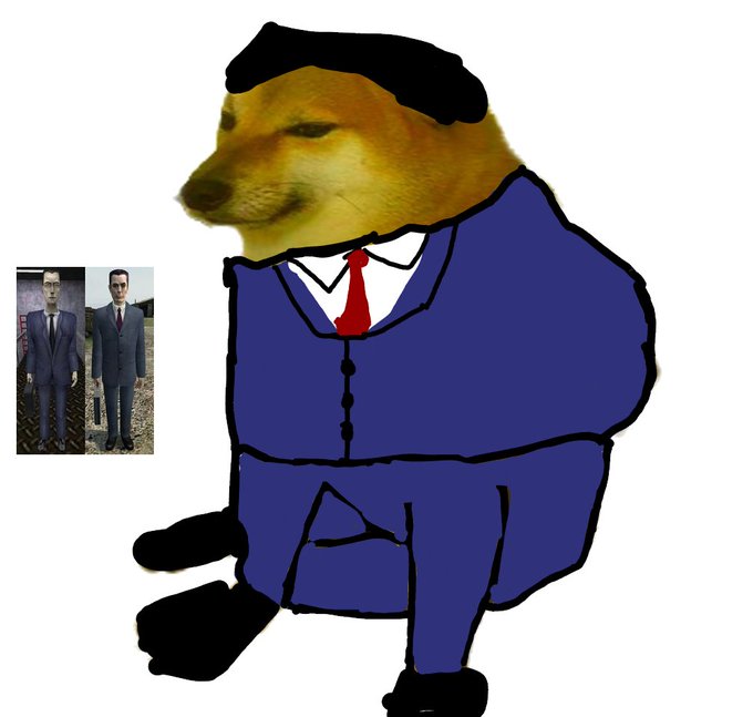 A 'Cheems' doge meme character with a human face wearing a blue suit and red tie, next to a small inset photo of two men in suits.