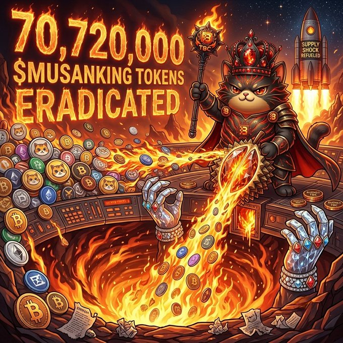A dramatic digital artwork featuring an armored cat king with a flaming crown and staff, with text '70,720,000 $MUSANKING TOKENS ERADICATED' amid fire, treasure, and jewelry.