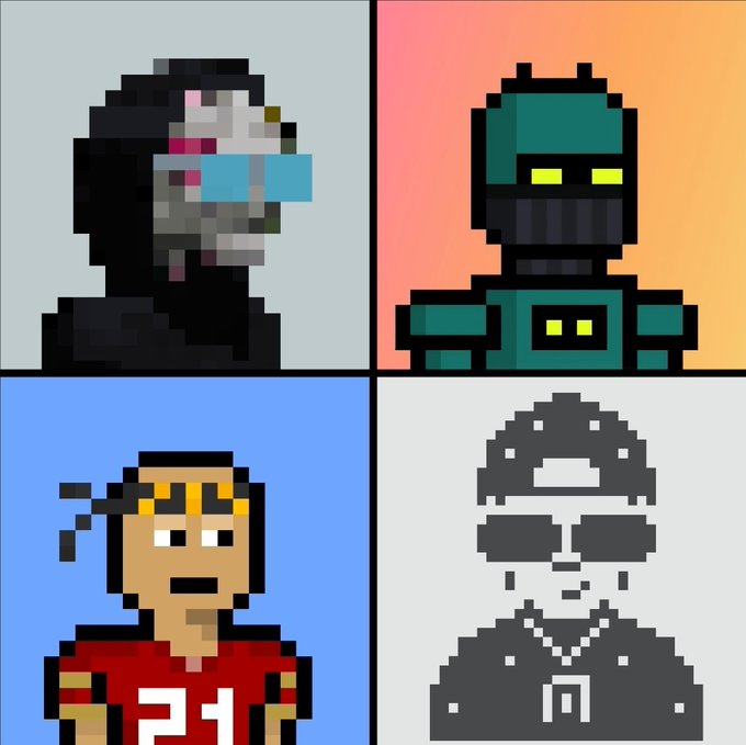 A 2x2 grid of pixel art portraits: a figure with a transparent skull revealing a brain, a green robot with glowing yellow eyes, a young man with dreadlocks in a red "21" jersey, and a grayscale silhouette wearing a cap and glasses.