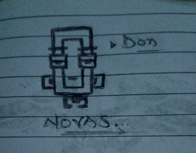 A pencil-drawn sketch on lined notebook paper features a blocky, pixel-art style character labeled "Don," with the word "NOVAS" written beneath it, reflecting the post's reference to the pixel art NFT project Novas by @0xDonCrypto.