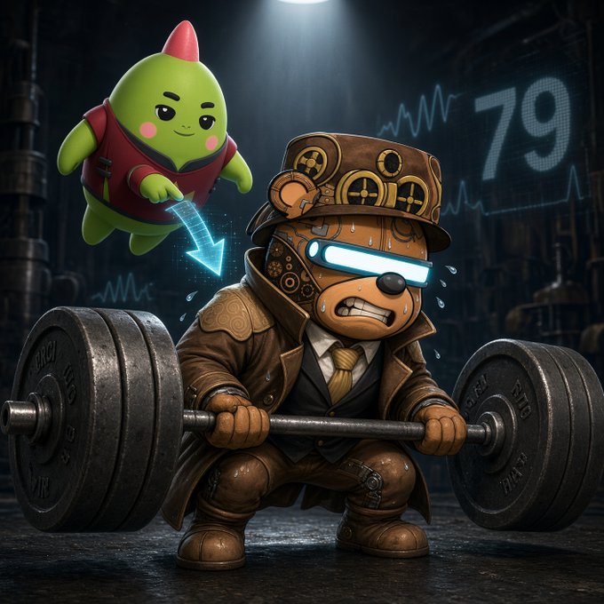 A steampunk-style anthropomorphic dog character wearing goggles and a top hat struggles to lift a heavy barbell, with a green character pointing at him and a "79" visible in the background.