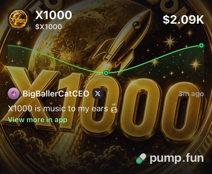 A rocket-themed Pump.fun callout graphic for the "X1000" token ($X1000) shows a price of $2.09K alongside a quote from BigBallerCatCEO captioned "X1000 is music to my ears 💰," reinforcing the post's bullish "to the moon" memecoin sentiment.