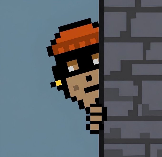 A pixel art style illustration showing a character with a red bandana peeking out from behind a gray brick wall.