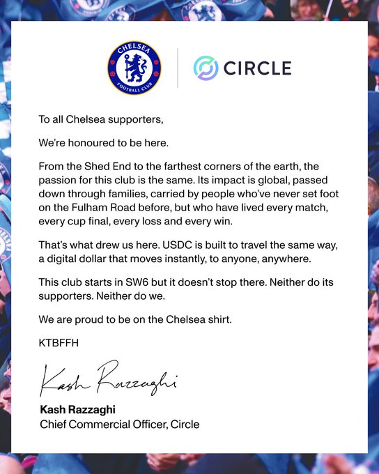 A screenshot shows a letter addressed "To all Chelsea supporters," featuring the Chelsea Football Club and Circle logos, signed by Kash Razzaghi, Chief Commercial Officer of Circle, announcing that USDC (a digital dollar) will appear on the Chelsea shirt—aligning with the post "USDC is blue" by tying the blue-branded stablecoin to the iconic blue Chelsea football club.