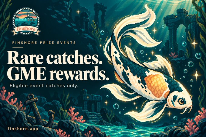 A pixel art style advertisement for 'Finshore' reads 'Rare catches. GME rewards. Eligible event catches only.' featuring a colorful koi fish in an underwater scene.