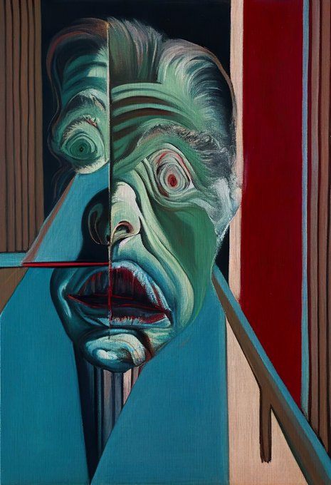 An abstract expressionist painting depicting a distorted face in green and blue tones with red lips and a wide eye, set against geometric background elements.