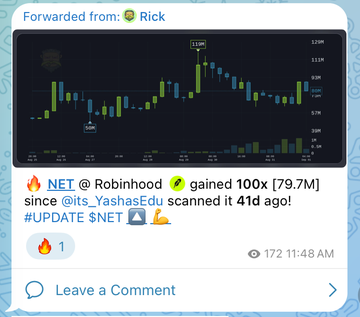 A forwarded message from Rick shows a stock chart for $NET on Robinhood with the caption 'gained 100x [79.7M] since @its_YashasEdu scanned it 41d ago! #UPDATE $NET'