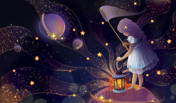 A digital illustration depicts a girl with purple hair in a white dress standing on a planet, holding a butterfly net and a glowing lantern against a starry cosmic background.