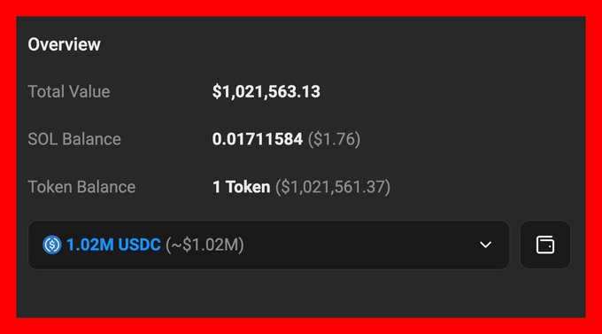 The image shows a wallet overview displaying a total value of $1,021,563.13, consisting of 0.01711584 SOL ($1.76) and 1 Token ($1,021,561.37) held as 1.02M USDC. This screenshot likely illustrates someone holding a substantial amount in the Avici (AVICI) token, supporting the post's warning to withdraw funds from the project.