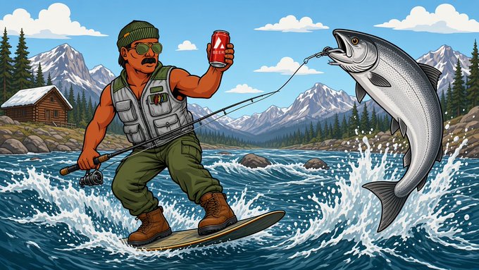 A cartoon illustration depicts a fisherman in a vest and sunglasses surfing on rapids while holding a fishing rod and a can of soda, with a large salmon leaping out of the water beside him.