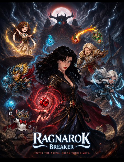 The image features a poster for the video game "Ragnarok Breaker" with a group of characters from different backgrounds. The main character is a woman dressed in black, holding a red object that appears to be a heart or a ring. There are also other characters such as a man wearing armor and a woman with a sword. The background shows a dark sky filled with lightning bolts, adding an intense atmosphere to the poster. The text on the poster indicates that the game is about to release in the upcoming week and encourages players to "Enter the Arena, Break your Limits!".