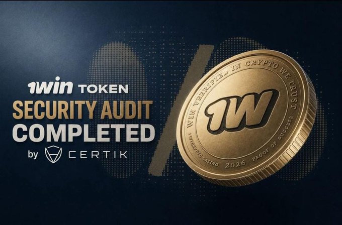 A promotional graphic announcing '1win TOKEN SECURITY AUDIT COMPLETED by CERTIK', featuring a large golden 1win coin on the right side.