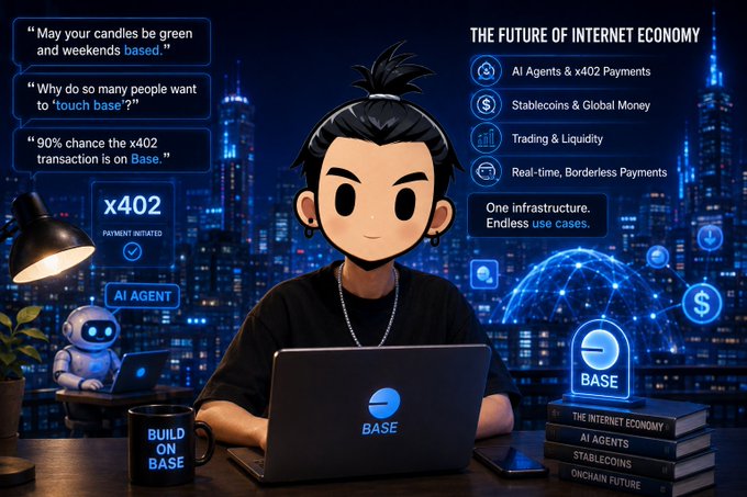 A cartoon-style illustration of a young man working on a laptop branded 'BASE,' with quotes about the x402 protocol and Base network in the future of the internet economy, featuring AI agents and stablecoins.