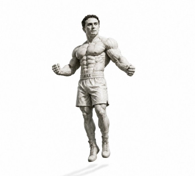 A black-and-white image of a muscular boxer figure with "AVAX" printed on his trunks, standing in a confident pose. The image visually reinforces the post's reminder that Avalanche (AVAX) is the "hot chain."