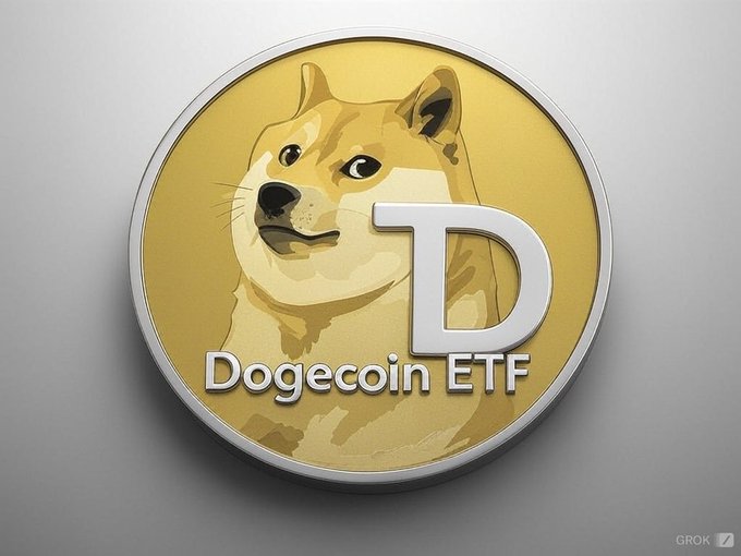 A 3D-rendered golden coin featuring a Shiba Inu dog face and a large 'D' letter, labeled 'Dogecoin ETF' with a 'GROK' watermark in the corner.