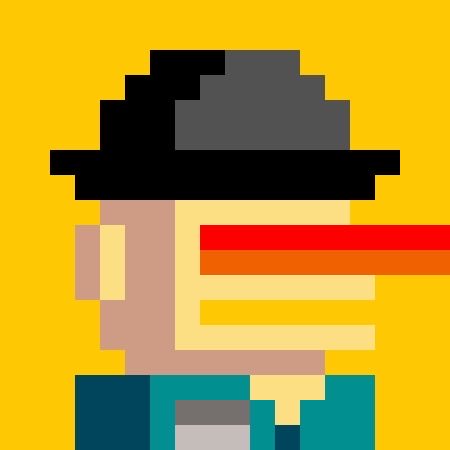 A pixel art character wearing a black hat is shown mid-shot with a red and yellow trajectory (resembling a Zcash logo) flying toward the character's face, set against a bright yellow background. The image visually represents the post about minting a Zcash ($ZEC) NFT, with the red-and-yellow element symbolizing the ZEC branding piercing through the pixel-art figure.