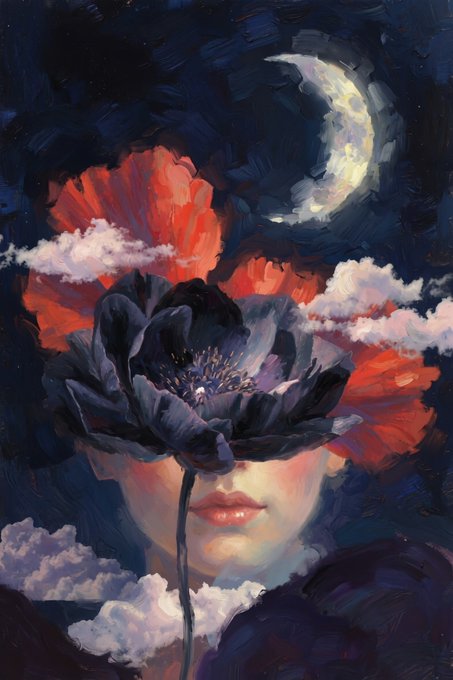A surreal painting of a face obscured by a dark flower, with bright red poppy petals and a crescent moon emerging from dark, cloudy skies.