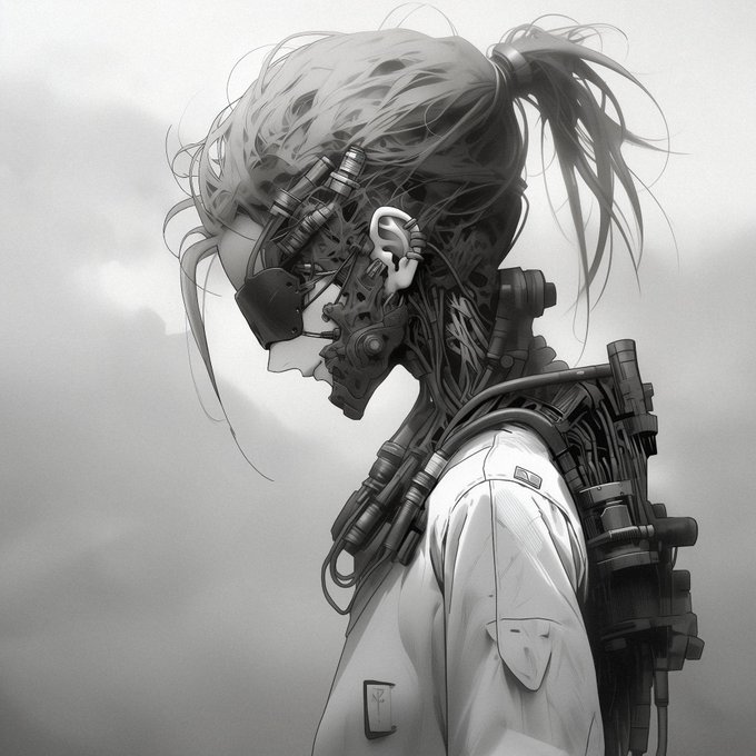 A grayscale illustration of a cybernetic figure with a ponytail, featuring exposed mechanical parts, wires, and a robotic lower face in profile.