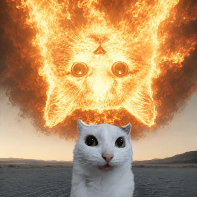 The image features a white cat with wide eyes, looking at the camera as if posing for a photo. The background of the image shows a desert landscape with mountains visible in the distance. There are also some text elements present in the image that read "Yo the amount of scammers that have started popping up is bullish AF!!! Keep calm and stable up!!! $USDC @upsidedowncabal". This suggests that there might be an advertisement or promotional content related to a product, service, or idea.