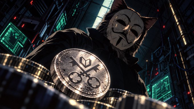 Digital artwork depicting a cat wearing a Guy Fawkes mask sitting atop stacks of coins featuring a key symbol, set against a dark cyberpunk cityscape with green-lit screens.