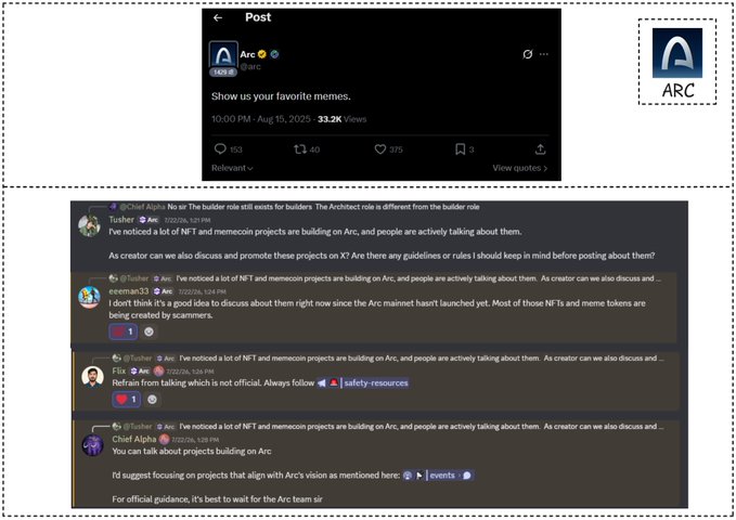 A social media post and thread from Arc (@arc) asking "Show us your favorite memes," with replies from users discussing NFT and memecoin projects building on Arc, warning to refrain from scams, and recommending caution.