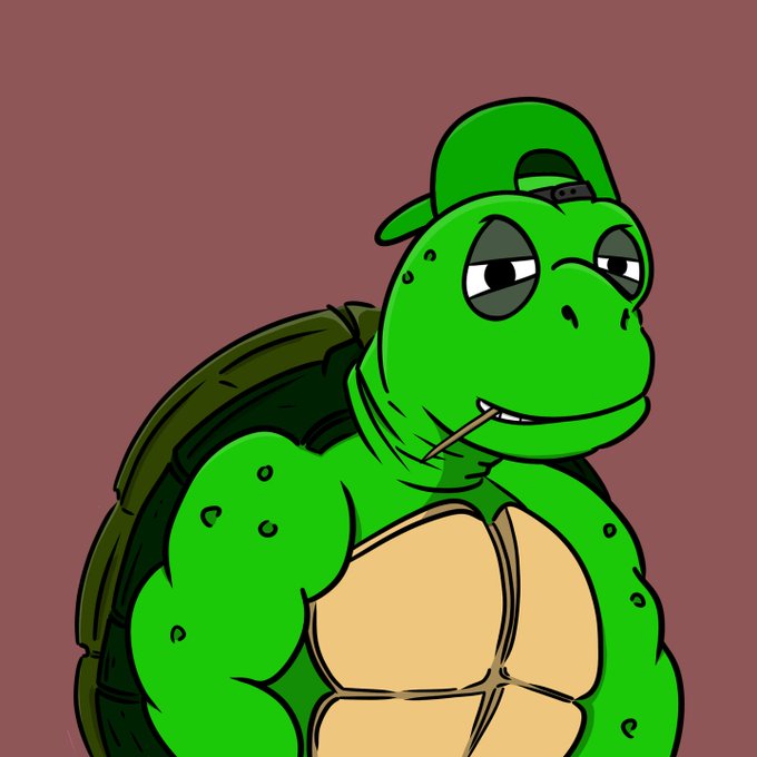 A cartoon illustration of a muscular, anthropomorphic green turtle wearing a backwards green baseball cap and a toothpick in its mouth, set against a brown background.