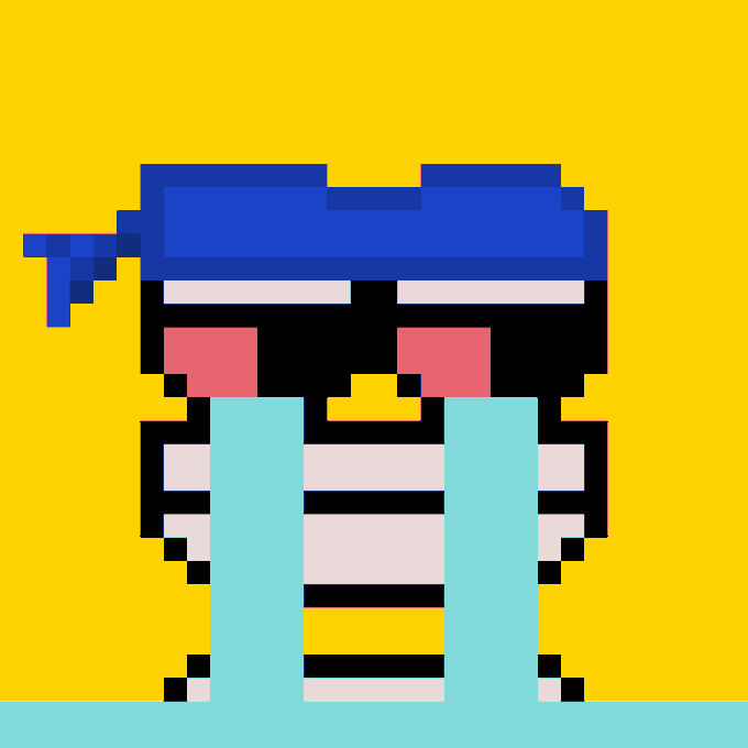 A pixel art illustration of a crying mummy character wearing a blue headband, set against a bright yellow background.