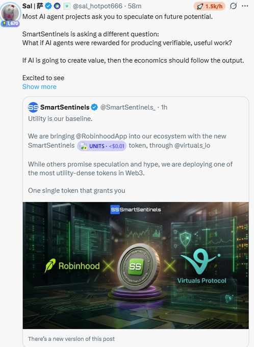 A Twitter/X thread where user @sal_hotpot666 discusses AI agents and SmartSentinels, quoting a post about the UNITS token integration with Robinhood App and Virtuals Protocol.