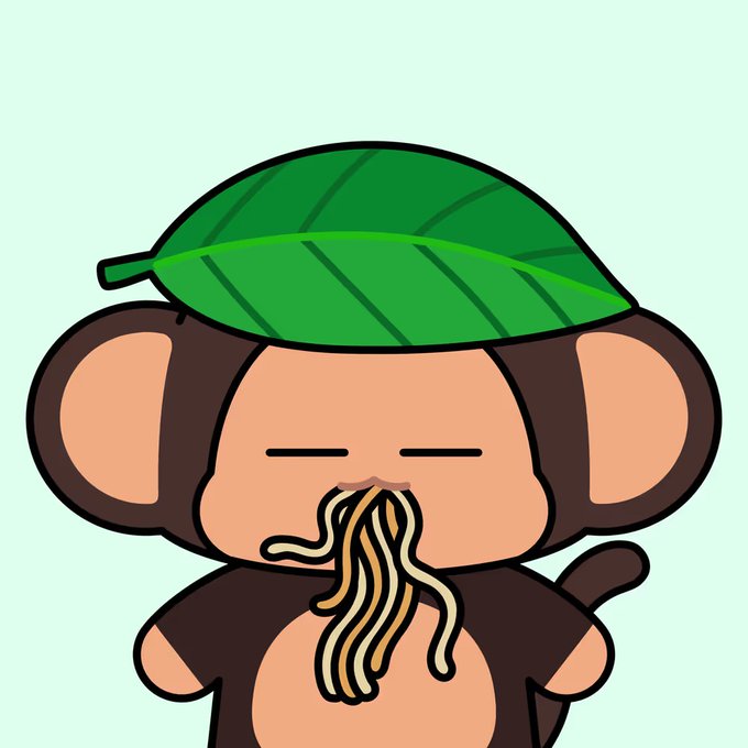 A cartoon illustration of a brown monkey wearing a green leaf on its head, eating noodles with its eyes closed.