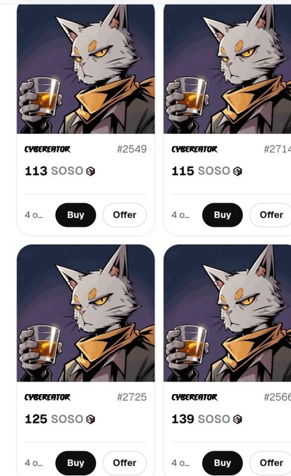 A mobile interface displaying a marketplace of identical 'CYBEREATOR' NFT cards featuring an anime character holding a glass, ranging in price from 113 to 139 SOSO tokens.