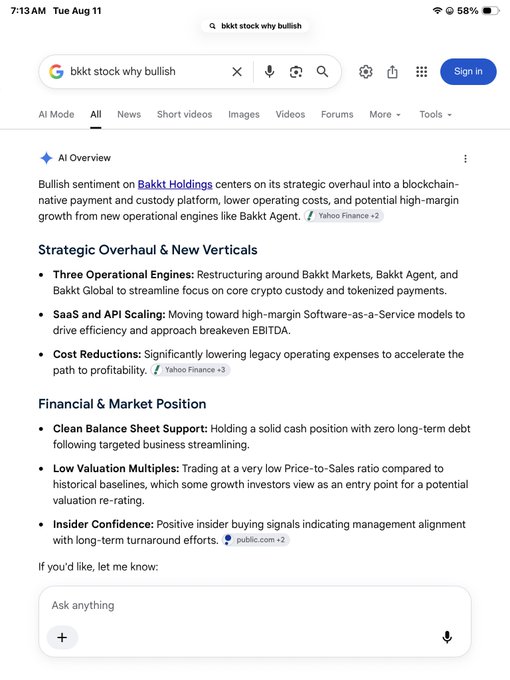 A Google search results page on a tablet for the query "bkkt stock why bullish," featuring an AI Overview about Bakkkt Holdings' bullish sentiment with Yahoo Finance and public.com citations.