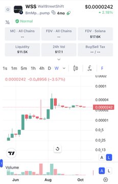 A mobile trading screen displaying the token 'WSS' (WallStreetShib) at $0.0000242, showing a 3.57% decrease over a 1-month candlestick chart.