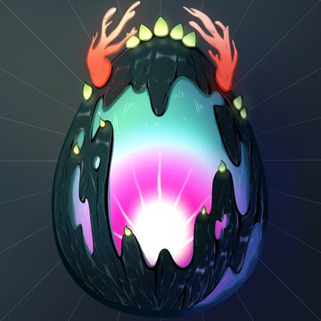 A digital 3D render of a black, egg-shaped object that is cracked open to reveal a glowing pink and cyan light within, featuring green spikes and red, antler-like protrusions on top.