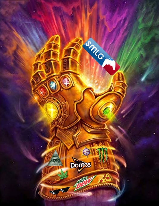A fantasy artwork of a golden gauntlet similar to the Infinity Gauntlet, adorned with brand logos including Doritos, Mountain Dew, Monster, and an '$MLG' tag.