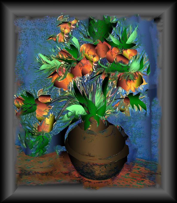 A stylized, heavily edited painting of a brown ceramic vase holding orange tulips and green foliage, framed by a gray border against a blue textured backdrop.