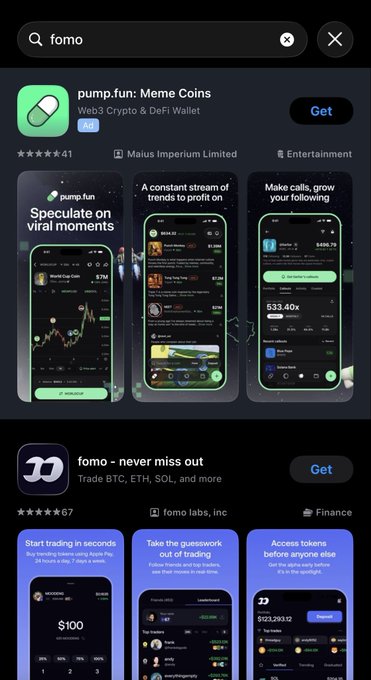 A smartphone app store search for 'fomo' displays listings for 'pump.fun: Meme Coins' (a Web3 Crypto & DeFi Wallet by Maius Imperium Limited) and 'fomo - never miss out' (a trading app by fomo labs, inc for trading BTC, ETH, SOL).