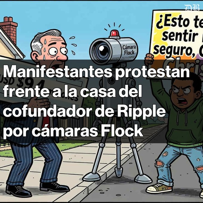 The image is a political cartoon depicting a sweating, nervous man on the left facing a Flock surveillance camera in the center and an angry protester on the right holding a sign reading "¿Esto te sentir seguro...?" The Spanish caption overlaid reads: "Manifestantes protestan frente a la casa del cofundador de Ripple por cámaras Flock," which directly illustrates the post's description of Sunrise Movement activists protesting outside Ripple co-founder Chris Larsen's home over his support for Flock surveillance cameras.