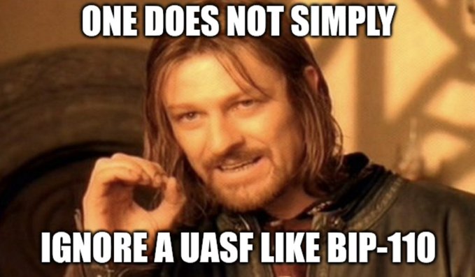 A classic 'One Does Not Simply' meme featuring Boromir from Lord of the Rings with the text 'ONE DOES NOT SIMPLY IGNORE A UASF LIKE BIP-110'.