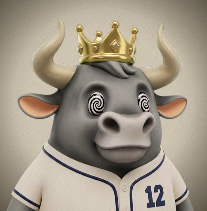 A 3D-rendered cartoon bull wearing a gold crown and a cream-colored baseball jersey with the number 12, featuring hypnotic spiral eyes.